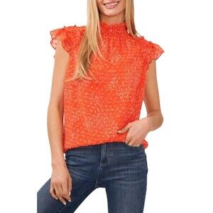 CeCe Women's Size Medium Tiger Lily Red Clip Dot Ruffle Mock Neck Sleeveless Top